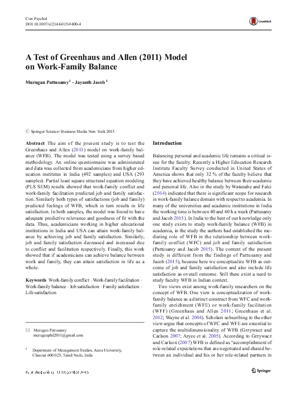 (PDF) A Test of Greenhaus and Allen (2011) Model on Work-Family Balance