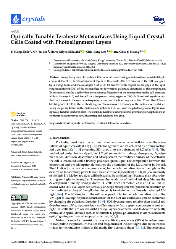 (PDF) Optically Tunable Terahertz Metasurfaces Using Liquid Crystal ...