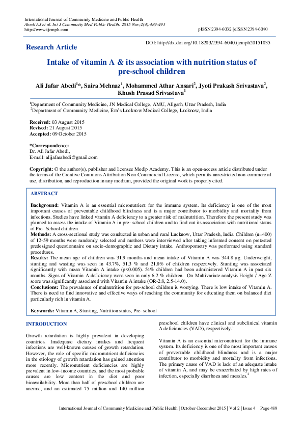 (PDF) Intake of vitamin A and its association with nutrition status of ...