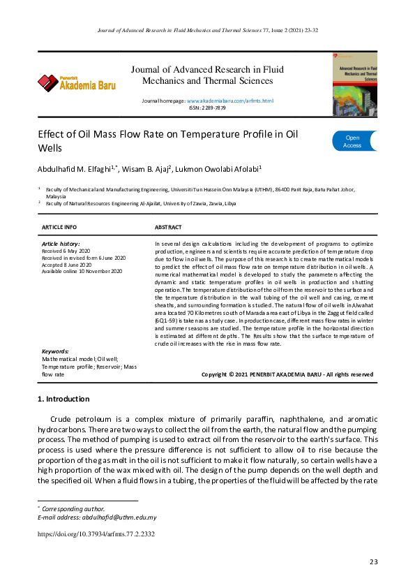 (PDF) Effect of Oil Mass Flow Rate on Temperature Profile in Oil Wells