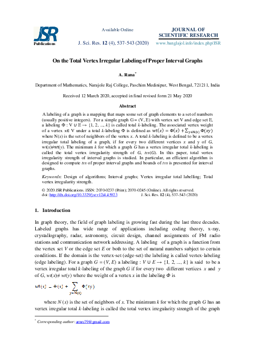(PDF) On the Total Vertex Irregular Labeling of Proper Interval Graphs