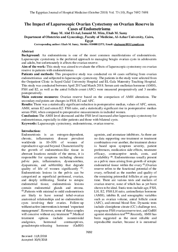 (PDF) The Impact of Laparoscopic Ovarian Cystectomy on Ovarian Reserve ...