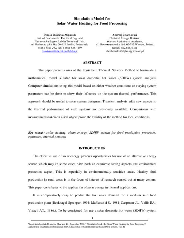 (PDF) Simulation Model for Solar Water Heating for Food Processing