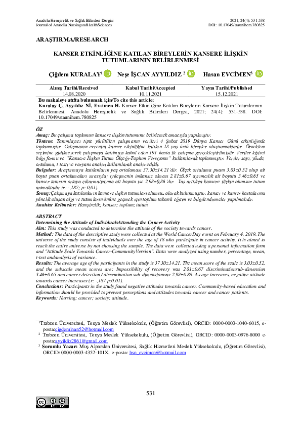 Kanser Etki̇nli̇ği̇ne Katilan Bi̇reyleri̇n Kansere İli̇şki̇n Tutumlarinin Beli̇rlenmesi̇