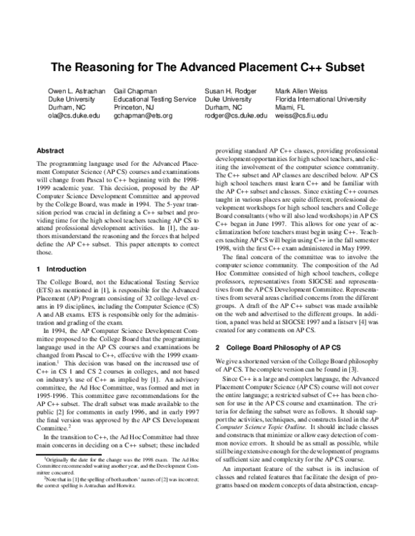 (PDF) The reasoning for the advanced placement C++ subset