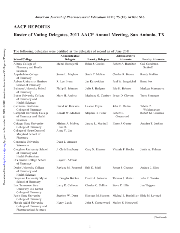 PDF) Roster of Voting Delegates, 2011 AACP Annual Meeting, San Antonio, TX  | Paul Jungnickel - Academia.edu
