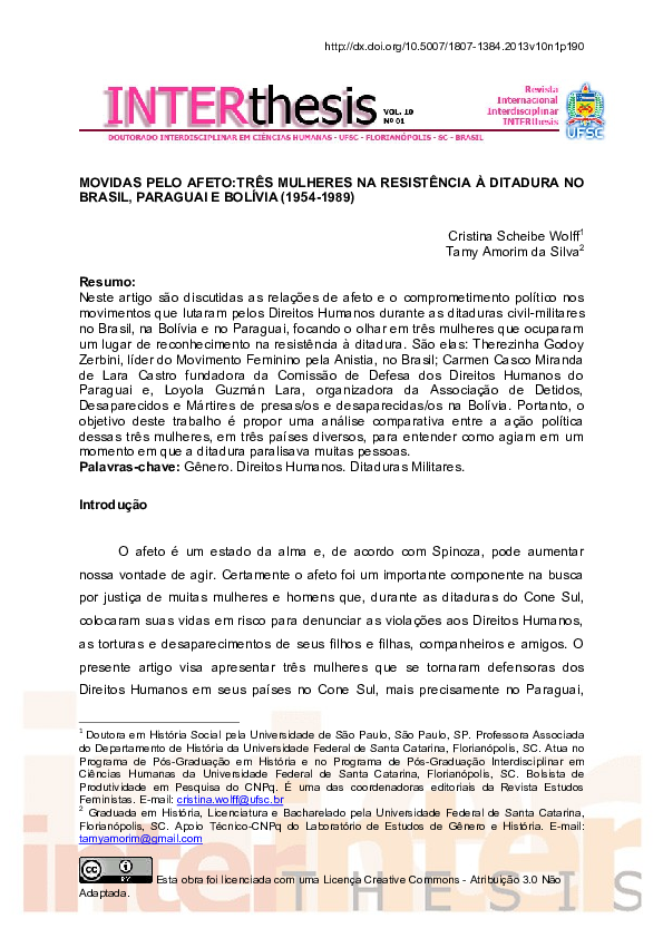 Movidas pelo afeto: três mulheres na resistência à ditadura no Brasil, Paraguai e Bolívia (1954-1989)