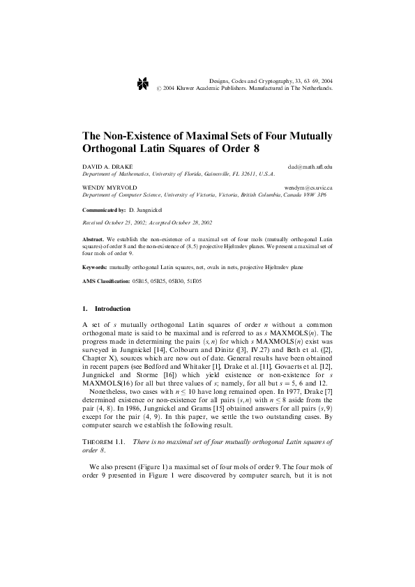(PDF) The Non-Existence of Maximal Sets of Four Mutually Orthogonal ...