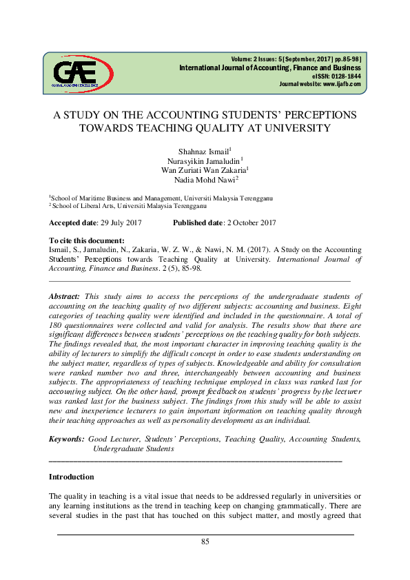 (PDF) A Study on the Accounting Students ’ Perceptions Towards Teaching ...