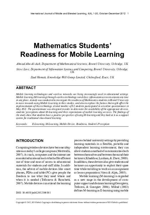 (PDF) Mathematics Students’ Readiness for Mobile Learning