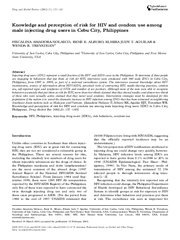 (PDF) Knowledge and perception of risk for HIV and condom use among ...
