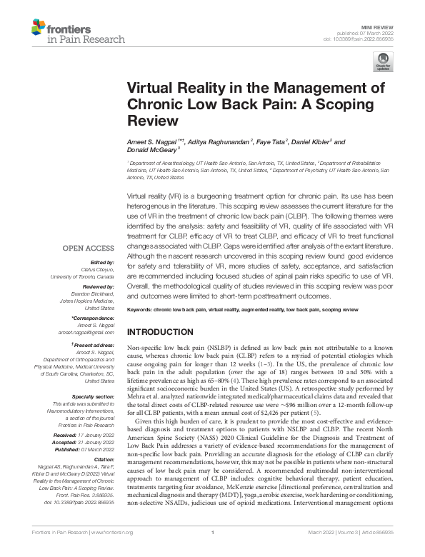 (PDF) Virtual Reality in the Management of Chronic Low Back Pain A