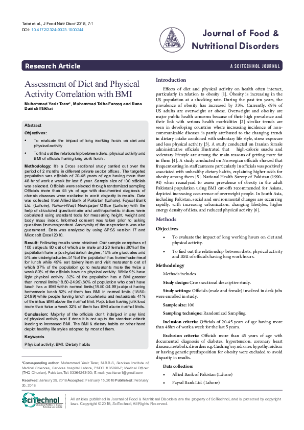 (PDF) Assessment of Diet and Physical Activity Correlation with BMI