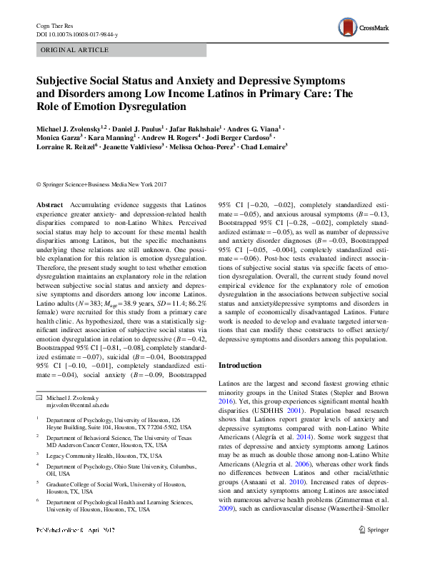 (PDF) Subjective Social Status and Anxiety and Depressive Symptoms and ...