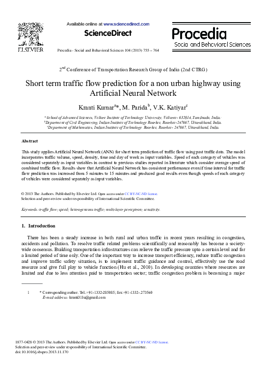 (PDF) Short Term Traffic Flow Prediction for a Non Urban Highway Using ...