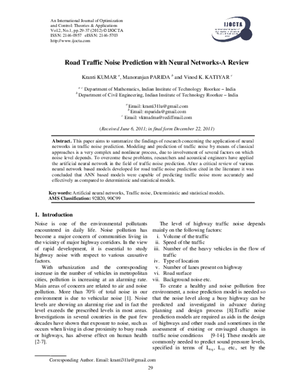 (PDF) Road Traffic Noise Prediction with Neural Networks - A Review