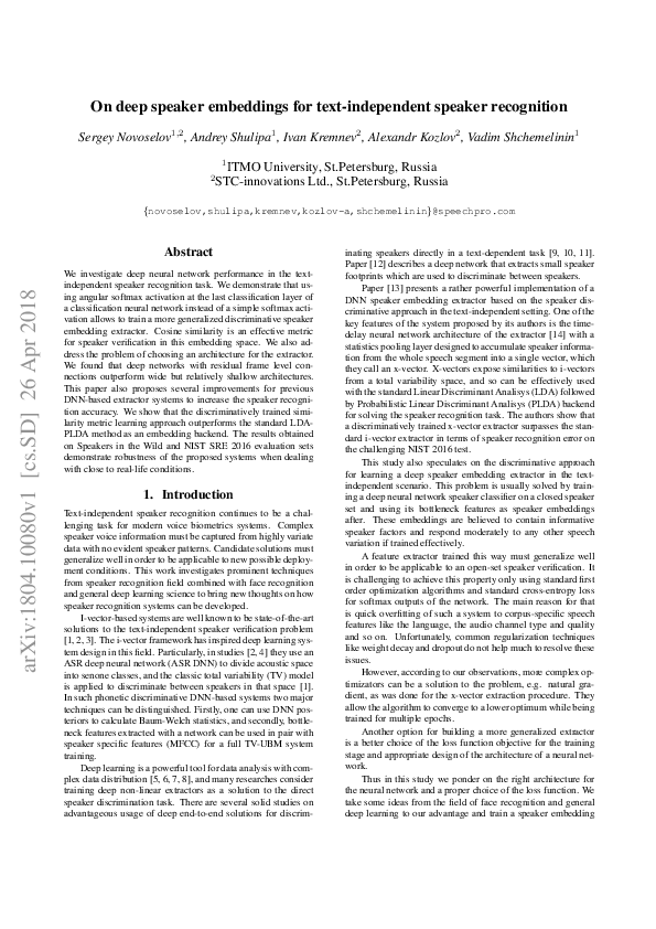 (PDF) On deep speaker embeddings for text-independent speaker recognition