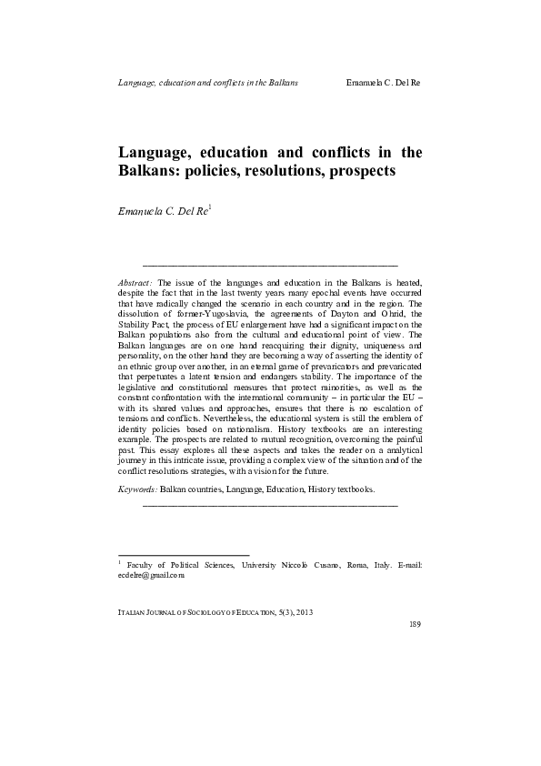 Language, education and conflicts in the Balkans: policies, resolutions, prospects