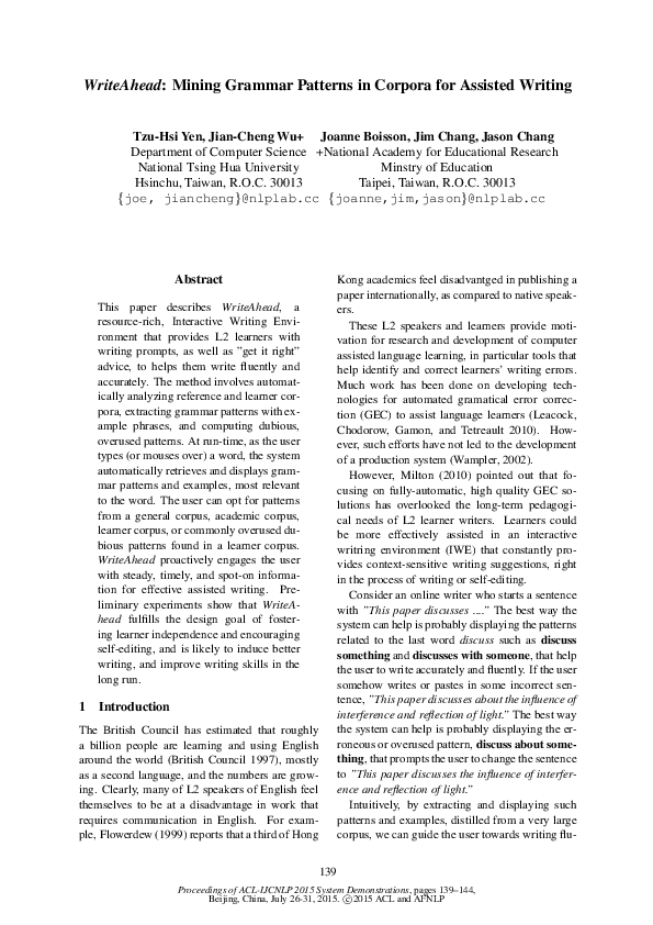 (PDF) WriteAhead: Mining Grammar Patterns in Corpora for Assisted Writing