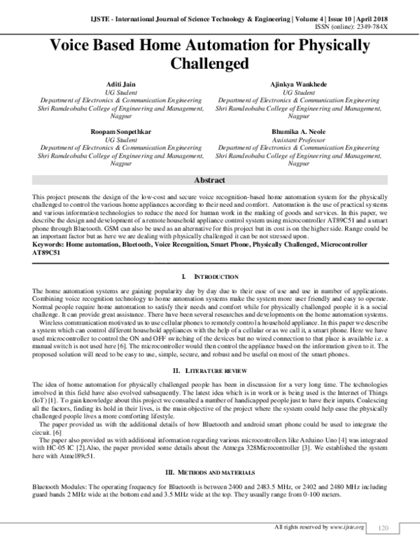 (PDF) Voice Based Home Automation for Physically Challenged
