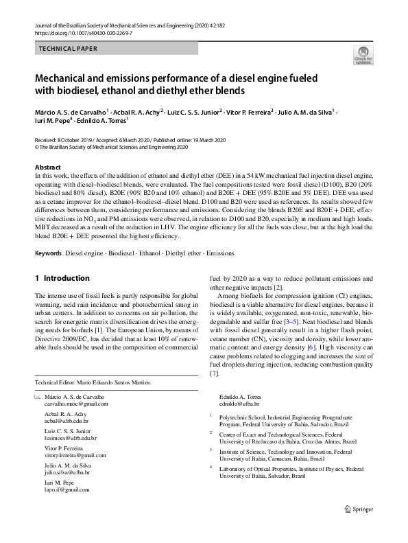 (PDF) Mechanical and emissions performance of a diesel engine fueled ...
