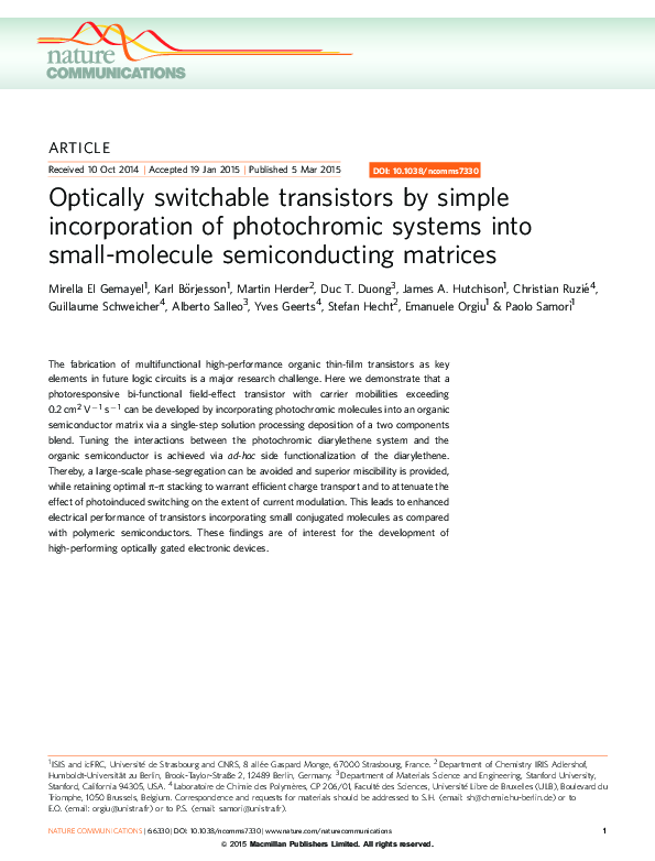 Optically switchable transistors by simple incorporation of photochromic systems into small-molecule semiconducting matrices
