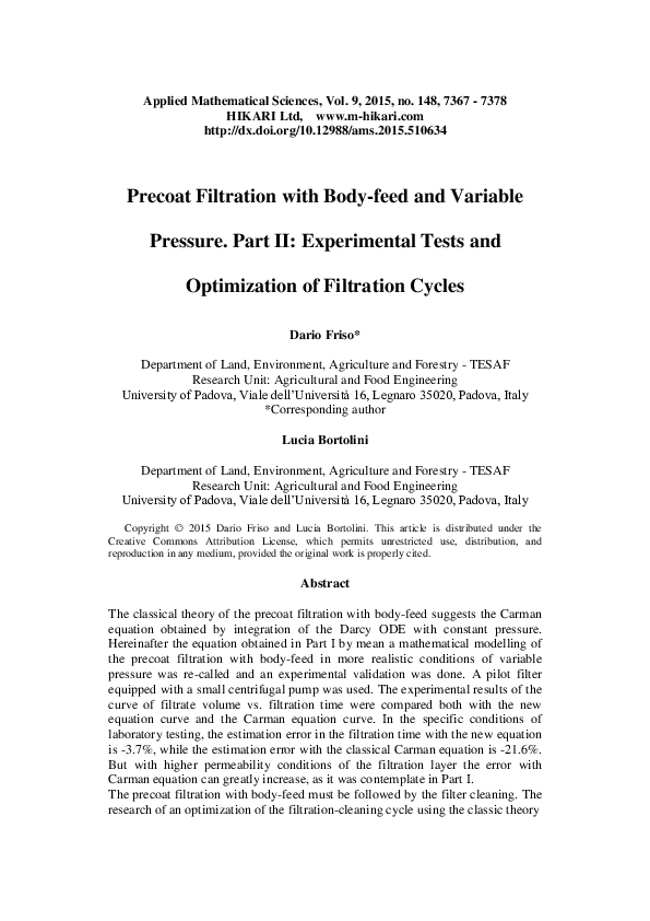 (PDF) Precoat filtration with bodyfeed and variable pressure. Part I