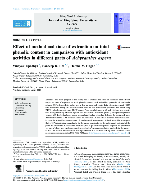(PDF) Effect of method and time of extraction on total phenolic content ...