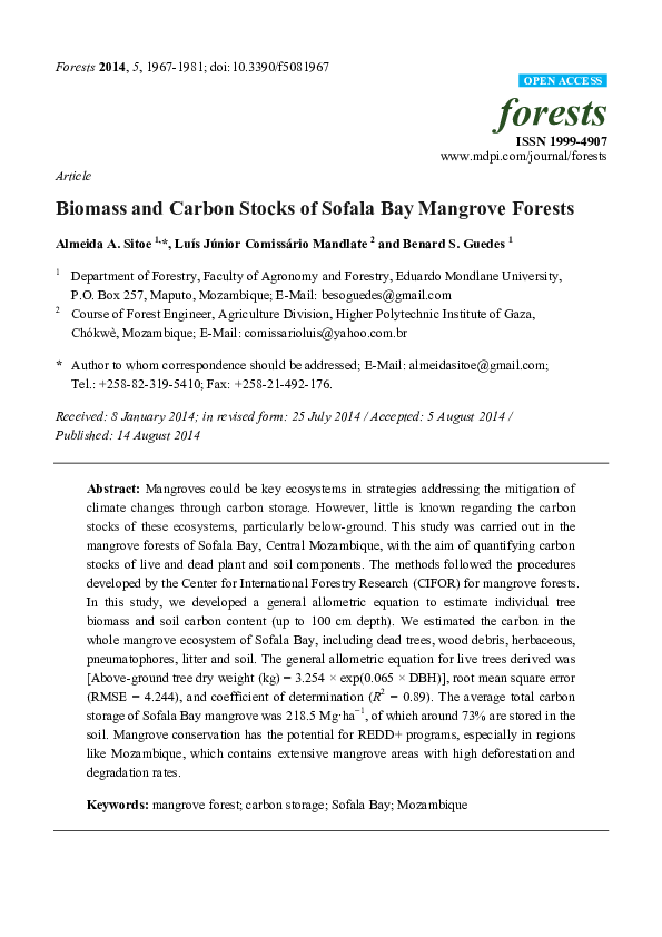 (PDF) Biomass and Carbon Stocks of Sofala Bay Mangrove Forests