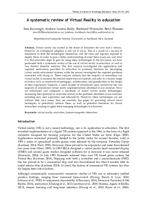 (PDF) A systematic review of Virtual Reality in education
