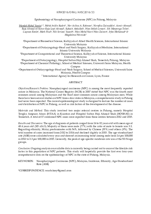 (PDF) Epidemiology of Nasopharyngeal Carcinoma (NPC) in Pahang, Malaysia