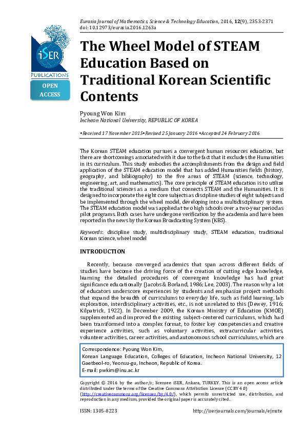 (PDF) The Wheel Model of STEAM Education Based on Traditional Korean ...