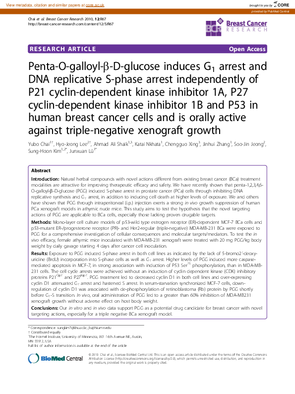(PDF) Penta-O-galloyl-β-D-glucose induces G1 arrest and DNA replicative ...