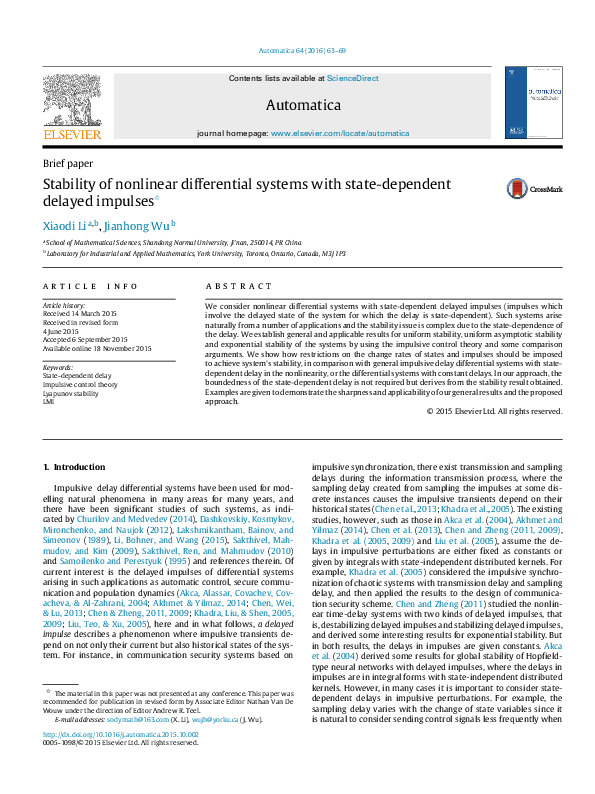 (PDF) Stability of nonlinear differential systems with state-dependent ...