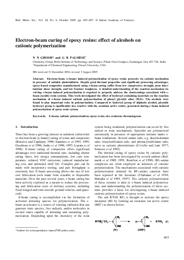 (PDF) Electronbeam curing of epoxy resins Effect of alcohols on cationic polymerization