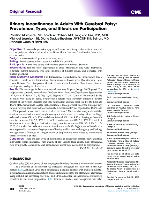 (PDF) Urinary Incontinence in Adults With Cerebral Palsy Prevalence