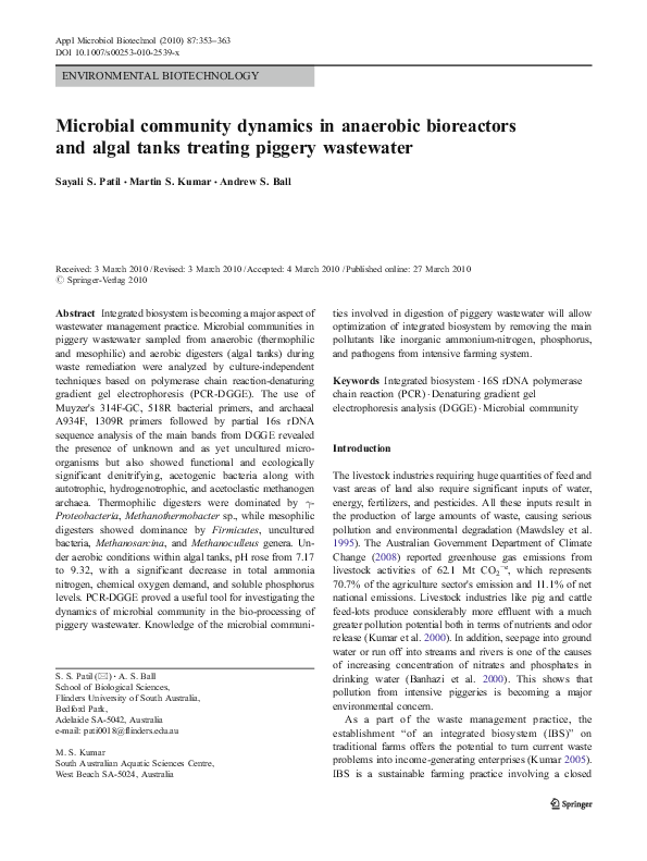 (PDF) Microbial community dynamics in anaerobic bioreactors and algal ...