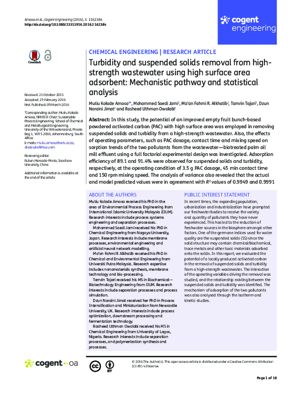 (PDF) Turbidity and suspended solids removal from high-strength ...
