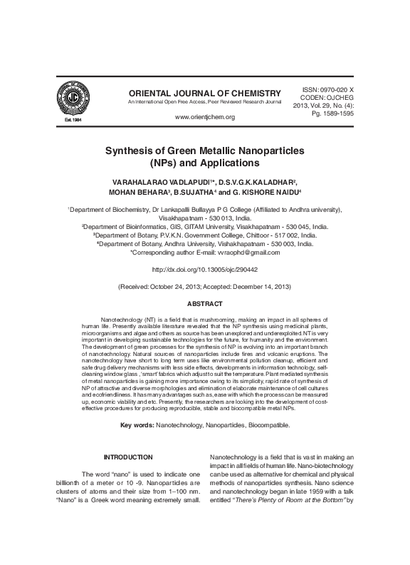 (PDF) Synthesis of Green Metallic Nanoparticles (NPs) and Applications