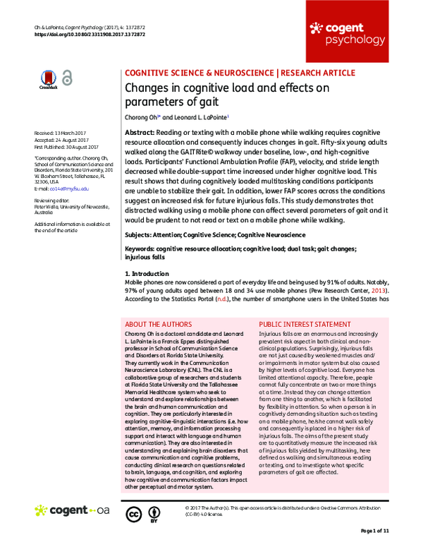 (PDF) Changes in cognitive load and effects on parameters of gait