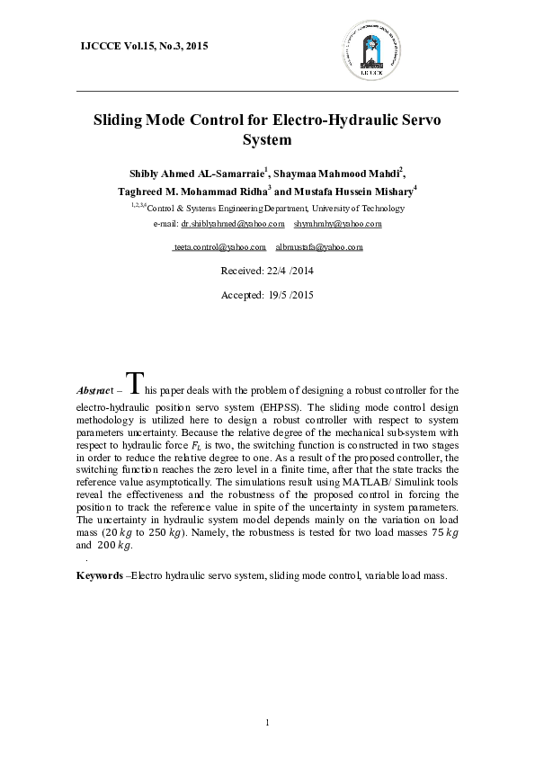 (PDF) Sliding Mode Control for Electro-Hydraulic Servo System