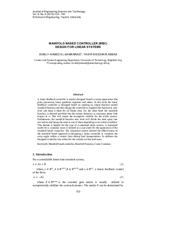 (PDF) Manifold Based Controller (MBC) Design for Linear Systems