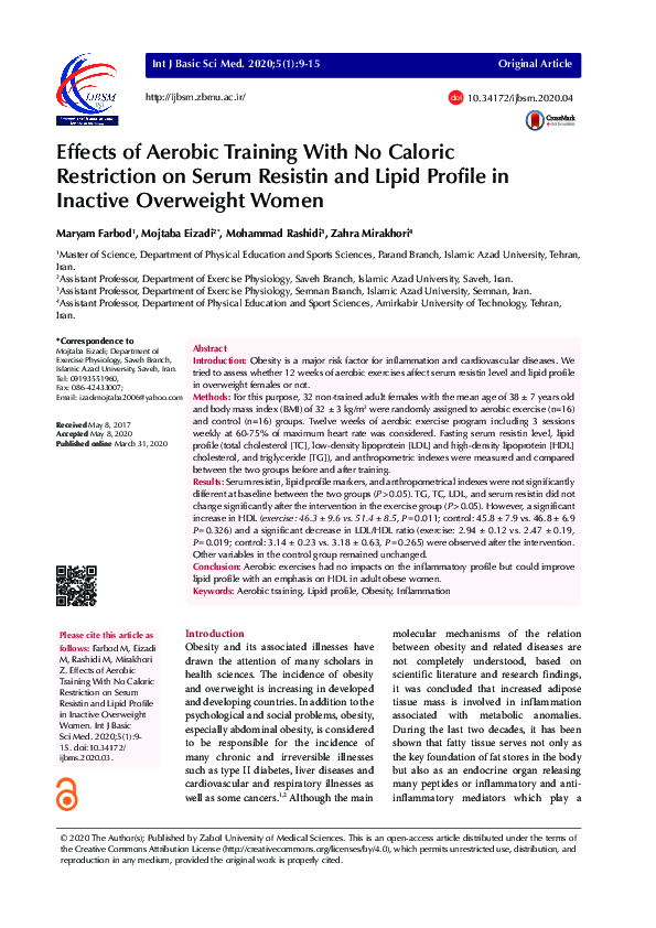 (PDF) Effects of Aerobic Training With No Caloric Restriction on Serum ...