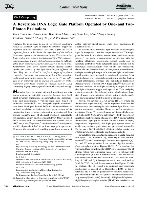 (PDF) A Reversible DNA Logic Gate Platform Operated by One- and Two ...