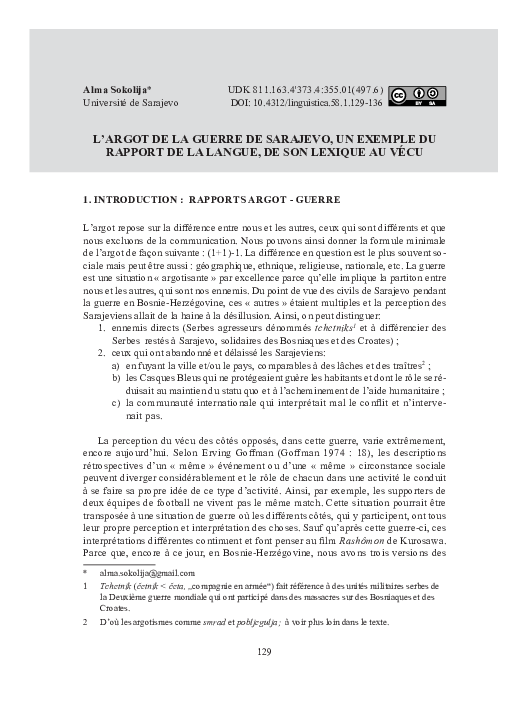 (PDF) L'argot de la guerre de Sarajevo, un exemple du rapport de la ...