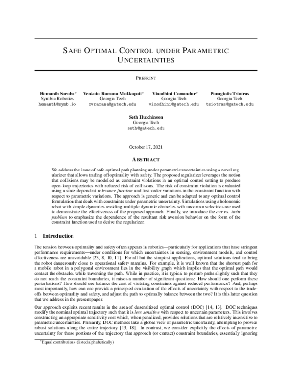 (PDF) Safe Optimal Control Under Parametric Uncertainties