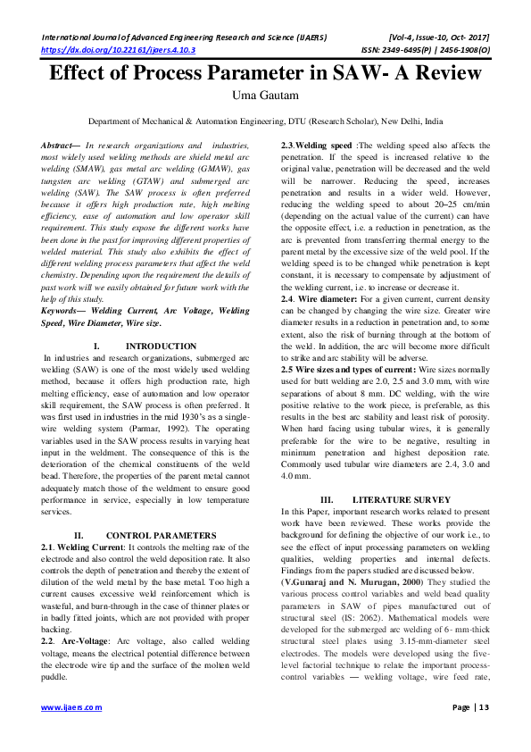 (PDF) Effect of Process Parameter in SAW- A Review