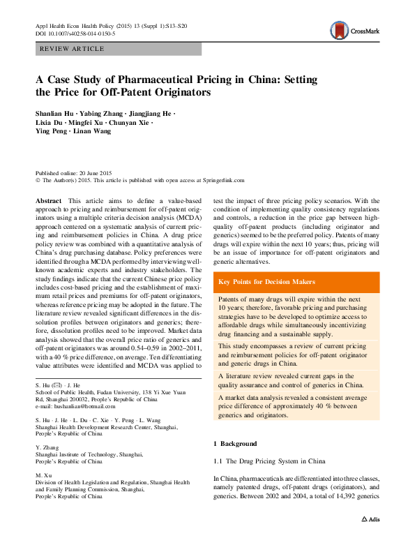 (PDF) A Case Study of Pharmaceutical Pricing in China: Setting the ...