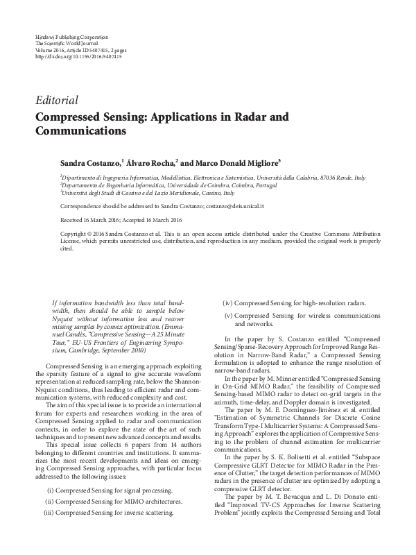 (PDF) Compressed Sensing: Applications in Radar and Communications