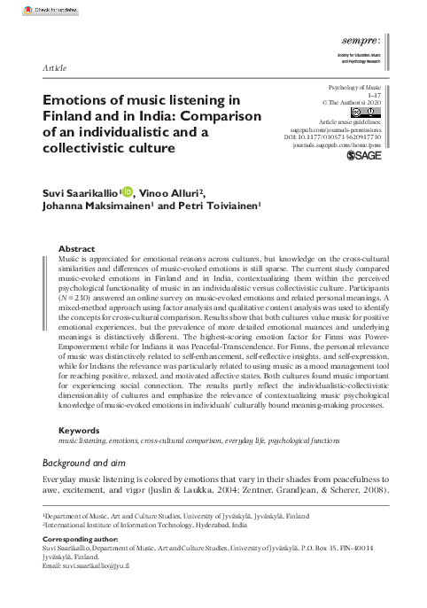(PDF) Emotions of music listening in Finland and in India: Comparison ...